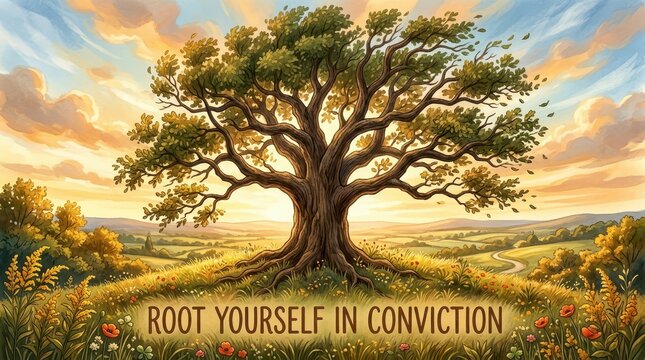Majestic ancient oak tree with sprawling roots in a sunny meadow, inspiring life and growth, with a motivational phrase.
