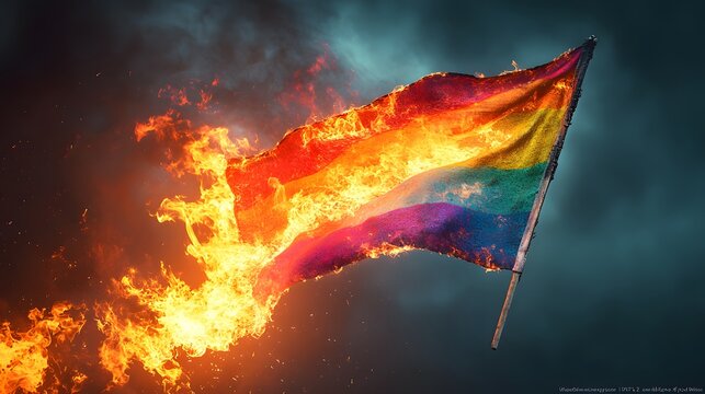 Pride flag engulfed in flames symbolizing LGBTQ+ hate crimes and community defiance against discrimination. Dramatic, emotional visual capturing anger and resilience of marginalized groups.