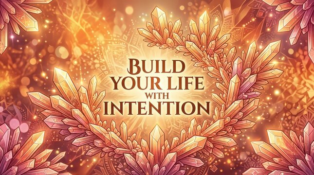 Crystals forming heart shape with quote 'Build Your Life With Intention' against a bokeh background