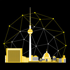 Berlin Skyline with TV Tower and Cathedral, Smart City Network Vector Illustration © adya
