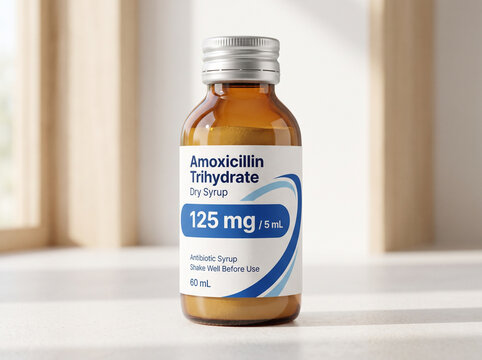 Amoxicillin antibiotic dry syrup bottle on a table