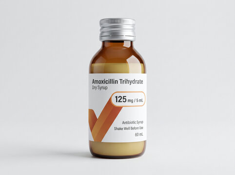 Amoxicillin antibiotic dry syrup bottle on white background
