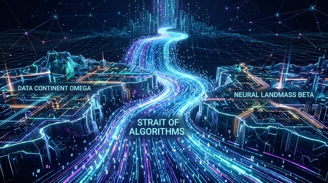 Digital river of algorithms flowing through abstract digital landscape.