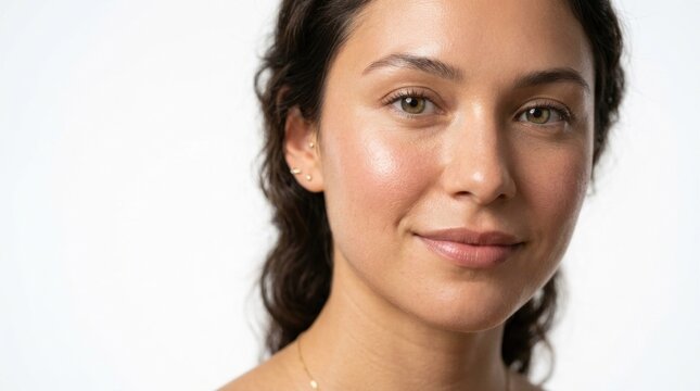 A woman with long, dark hair, wearing a white top, stands against a white background with a neutral expression.