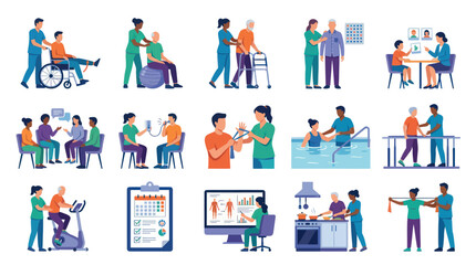 Fototapeta premium Flat Vector Medical Icons: Healthcare, Therapy, and Rehabilitation Scenes
