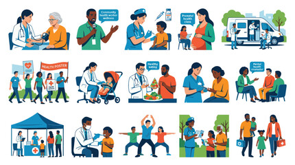 Fototapeta premium Flat Vector Medical Health Care Scene Icons Collection - Diverse People