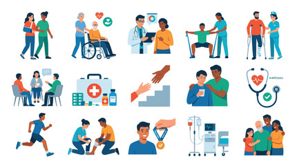Fototapeta premium Flat Style Medical Healthcare Icons - Doctors, Patients, Hospitals, Wellness