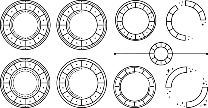 Collection of circular frames and zodiac style borders, decorative geometric vector elements for astrology or wedding design transparent background