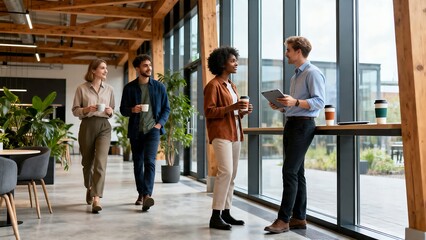 Fototapeta premium Diverse Business Professionals Walking and Talking with Coffee Cups in Modern Loft Office Corridor, Business Concept
