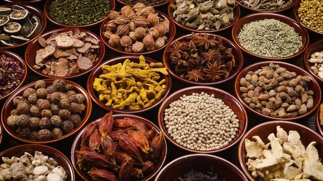 Guangdong, China &ndash; 2026-07-11: Scene of grabbing and weighing various dried medicinal herbs with traditional brass steelyard to prepare TCM herbal prescription.