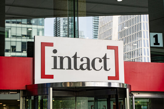 Sign of Intact insurance office entrance. Toronto, Canada - July 17, 2026.