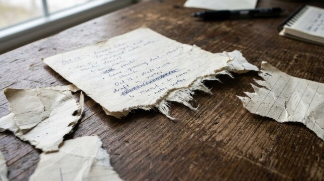 A torn piece of paper with handwritten notes on a wooden table, with a pen and notebook in the background.