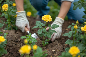 Fototapeta premium Hands wear gloves, tending to green plant and flowers. Outdoor home horticulture work in spring