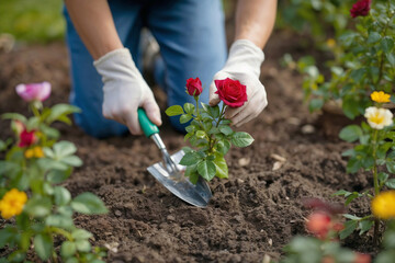 Fototapeta premium Gardener plants red rose in rich soil with care. Hands wear gloves, showing gentle effort