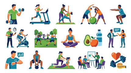 Fototapeta premium Flat Vector Health and Fitness Icons Set: People Exercising, Wellness, Coaching, and Healthy Lifestyle Activities