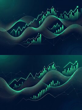 Financial growth charts with green arrows and flowing data waves