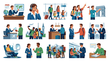 Fototapeta premium Flat Style Travel and Tourism Icons: People booking, flying, and exploring