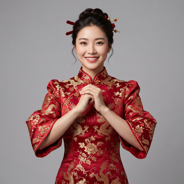 Young Asian woman in traditional red cheongsam. Chinese lady celebrating Lunar New Year.