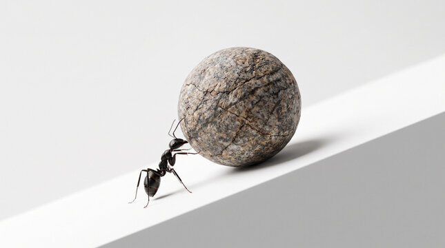 Ant pushing a heavy stone ball. Small insect moving a large rock on a white surface.
