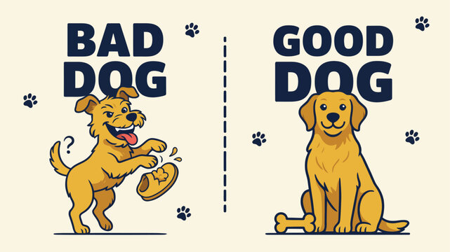 Vector illustration of good and bad dog behavior training guide with behavior