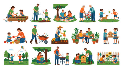 Naklejka premium Happy Family Gardening, Outdoor Leisure and Spring Activities Flat Vector Illustration Set