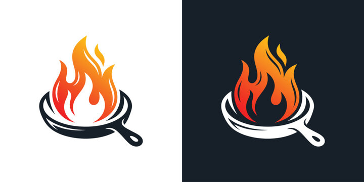 Creative barbecue logo design illustration. Abstract teflon design with fire vector icon symbol