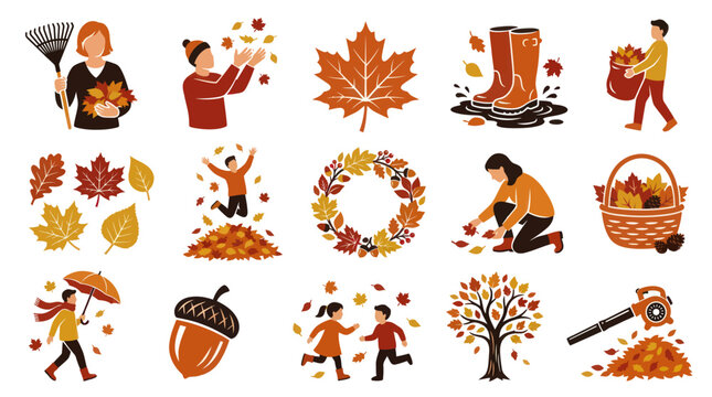 Autumn Season Flat Vector Icon Set of Fall Activities, Nature Elements  Outdoor Objects