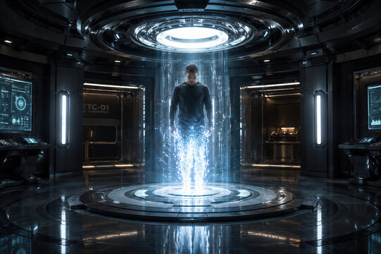 Sci-fi concept of a man materializing in a futuristic teleportation chamber with glowing blue energy beams.