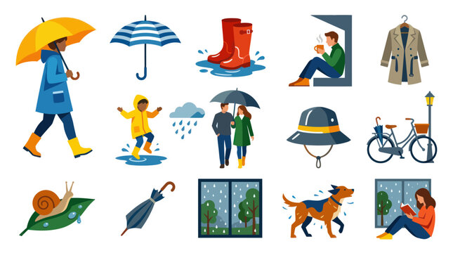 Flat Illustration of Rainy Day Essentials and Activities