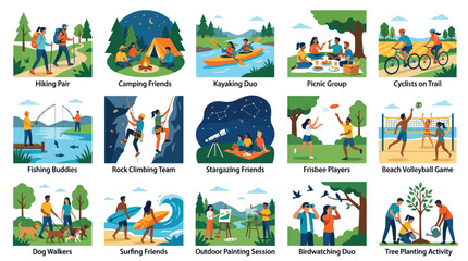Fototapeta premium Outdoor Leisure Activities Flat Vector Illustration Set. People Enjoying Nature, Sports, and Recreation