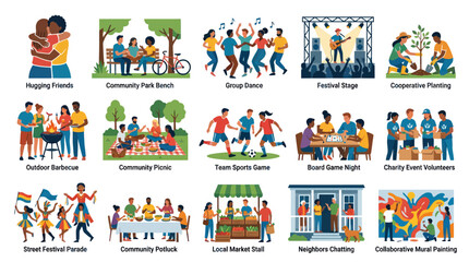 Fototapeta premium Community Events Flat Illustration Set: Hugging, Picnic, Festival, Sports, Planting
