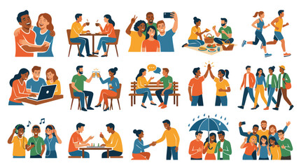 Fototapeta premium Lifestyle Friendship: Happy Diverse People Engaging in Social Activities - Flat Vector Illustration