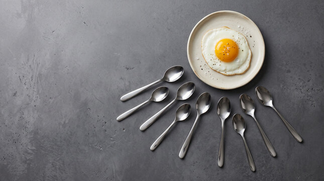 Fried egg on a plate with many spoons. Minimalist breakfast concept on grey stone table.