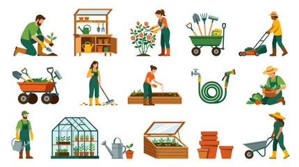 Naklejka premium Flat Vector Gardening and Horticulture Illustration Set with Gardeners, Tools, Plants, and Greenhouse