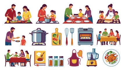Naklejka premium Flat Vector Illustration Set of Family Cooking, Food Preparation, and Home Dining Scenes
