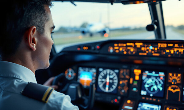 Pilot aviation cockpit trainee operating flight simulator during intensive training session with focused expression looking ahead