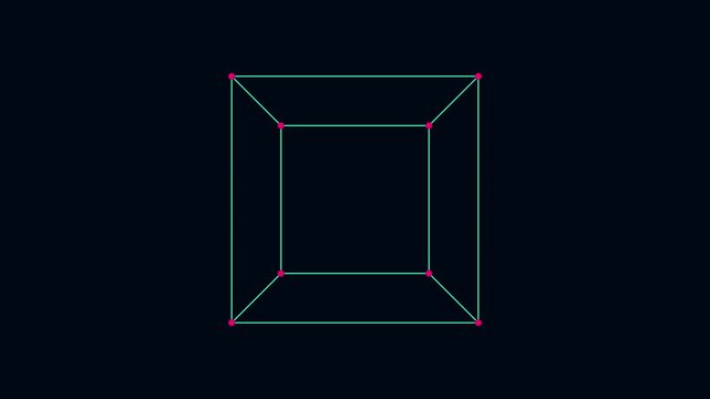Rotating 3 d wireframe cube with nodes, minimalist geometric motion for technology and data visualization animation 4k