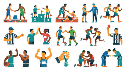 Fototapeta premium Sports Athletics Flat Illustration Set with Diverse Athletes, Coaches, Referees, Competitions, and Victory Concepts