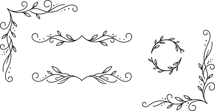 Set of elegant floral flourishes, corners, and dividers with leaves transparent background