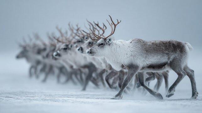 Herd of reindeer walking across snowy arctic tundra landscape during winter migration with copy space for seasonal nature and wildlife conservation themes