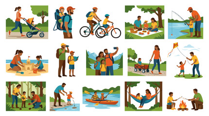 Fototapeta premium Family Outdoor Activities Flat Design Vector Illustration Set for Summer Leisure and Happy Moments