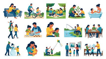 Fototapeta premium Family Life and Parenting Activities Flat Vector Illustration Collection of Parents and Children