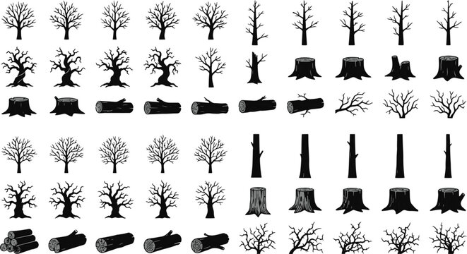 Large set of black tree silhouettes showing seasonal dormancy with bare branches tree stumps logs and detailed woody textures silhouette branches collection isolated illustration