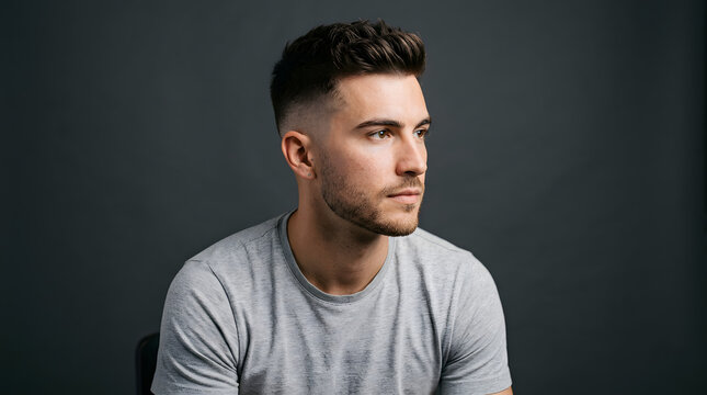 Side profile portrait of a young caucasian man with a stylish textured quiff hairstyle and fade haircut against a dark grey studio background.