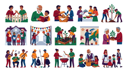 Fototapeta premium Community, Volunteering Social Activities Flat Vector Illustration Set