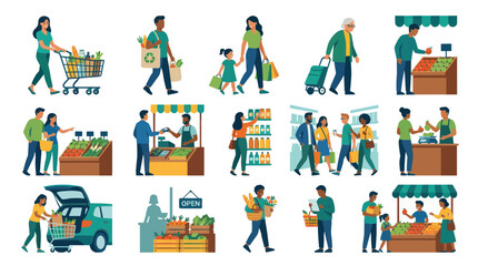 Fototapeta premium Modern Flat Vector Illustrations of Diverse People Grocery Shopping at Supermarkets and Farmers Markets