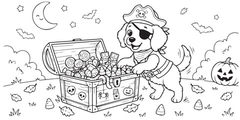 A cute pirate puppy finding a treasure chest full of Halloween candy in this fun black and white coloring page.Cute pirate puppy with Halloween candy treasure. Coloring page vector of a dog in costume