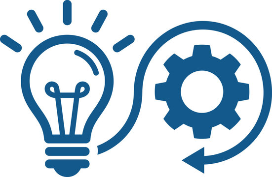 Innovation icon with light bulb and gear connected by arrow representing creativity and implementation