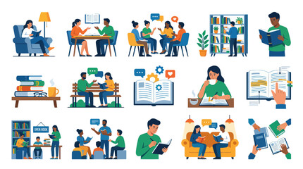 Fototapeta premium Flat Illustration of People Reading Books, Studying, and Learning