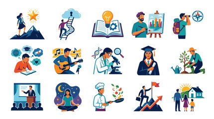 Fototapeta premium Flat Vector Illustration Set: Diverse People, Professions, Personal Growth, Education, and Lifestyle.